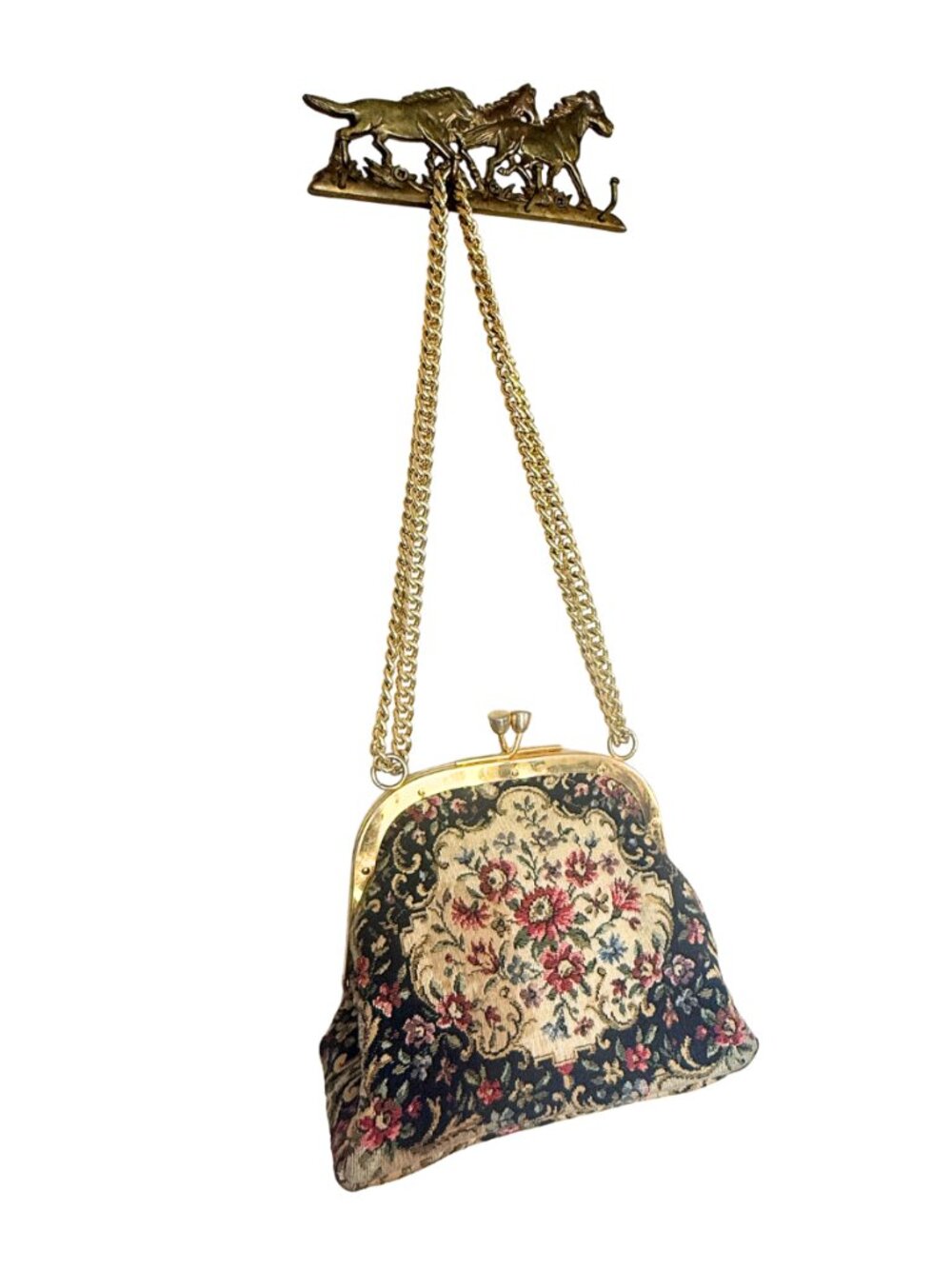 Vintage French Tapestry Kisslock Bag Gold Chain | Floral Brocade Evening Bag